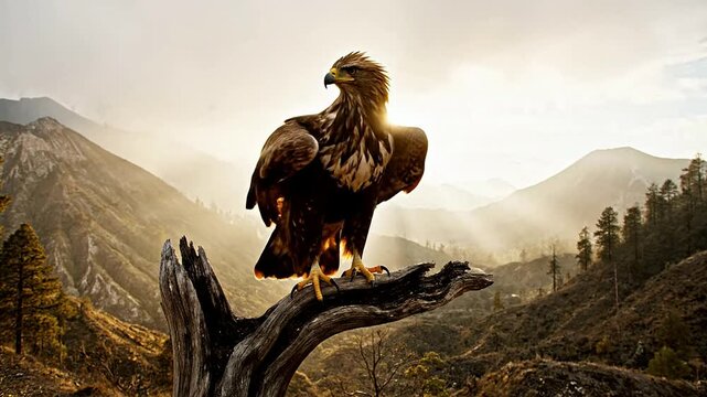 Majestic Javan Hawk-Eagle Perched on Weathered Tree Trunk in Mysterious Mountain Landscape at Sunrise with Fog and Dramatic Lighting
