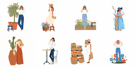 Flat illustration collection of stylish women in various summer lifestyle settings, featuring gardening, travel, shopping, and relaxation themes on a white background. © Tono