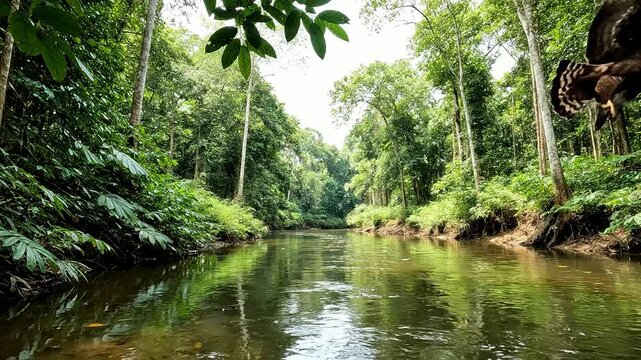Majestic Javan Hawk-Eagle Soaring Over Lush River Surrounded By Tropical Greenery In Vibrant Natural Habitat
