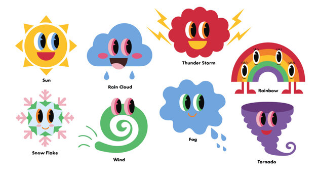 Very beautiful colorful cartoon character set featuring a smiling sun, cheerful rain cloud, happy snowflake, playful wind swirl, friendly fog cloud, energetic thunderstorm, colorful rainbow, and misch