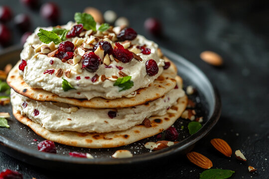 Flatbreads with cashew cream, cranberries and almond slivers close up. Atmospheric plant based food photography in dark tones