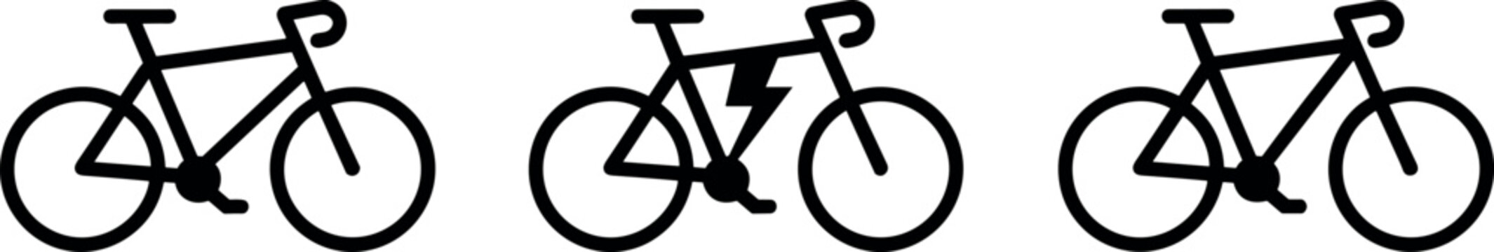 Bicycle and electric e-bike icon vector set showing comparison with standard road bike and lightning symbol