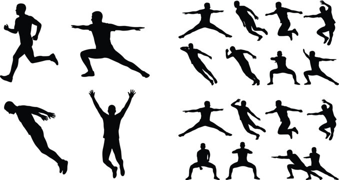 Active people fitness and workout poses silhouettes collection vector set isolated on white