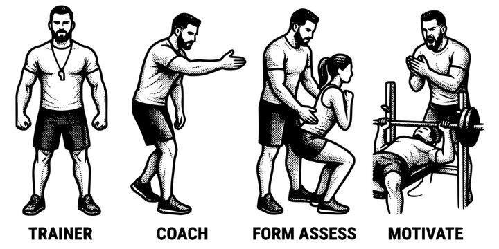 Personal Trainer Stipple Black White-Coach Gesture Form Assess Motivate-Training Vector-Trainer Icon Stipple-Gym Fitness Design Set