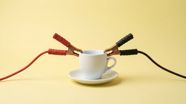 Espresso cup with jumper cables on a yellow background, representing a quick caffeine jumpstart and Monday morning office energy