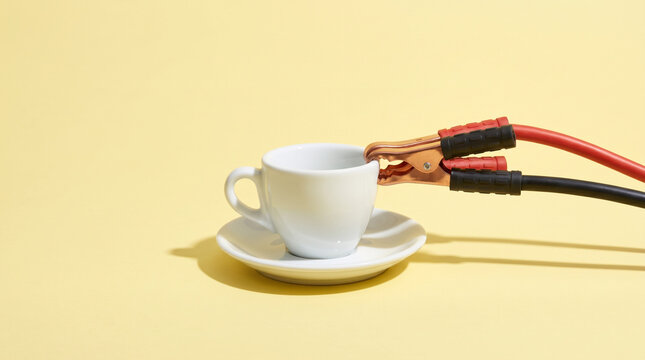 Espresso cup with jumper cables on a yellow background, representing a quick caffeine jumpstart and Monday morning office energy