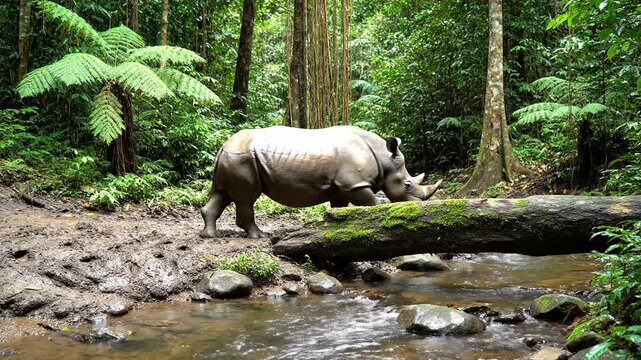 Majestic Javan Rhinoceros Walking Alongside Fallen Tree Bridge in Lush Forest Ecosystem with babbling Creek and Rich Biodiversity Background