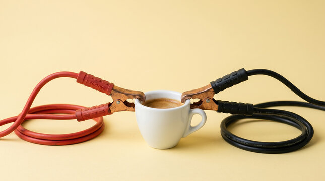 Espresso cup with jumper cables on a yellow background, representing a quick caffeine jumpstart and Monday morning office energy