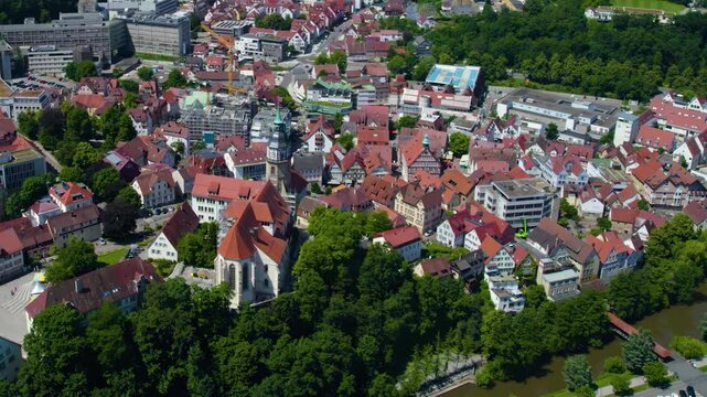 Aerial view of the old town city Backnang in south Germany, Baden-W&uuml;rttemberg . On a sunny day in spring. 
