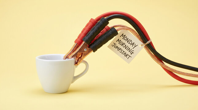 Espresso cup with jumper cables on a yellow background, representing a quick caffeine jumpstart and Monday morning office energy