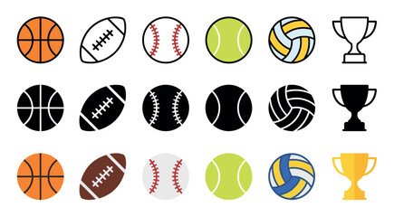 Naklejka premium Comprehensive collection of various sports balls and trophy icons presented in diverse styles, perfect for athletic themes and competition.