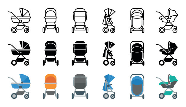 Various baby strollers, prams, and pushchairs presented in diverse icon styles, including outline, glyph, and colorful flat designs for childcare equipment.