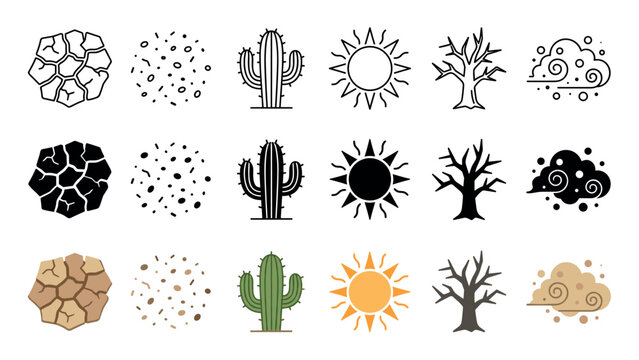 Drought and desert climate icons collection featuring symbols of arid environmental conditions and dry landscapes in various styles.