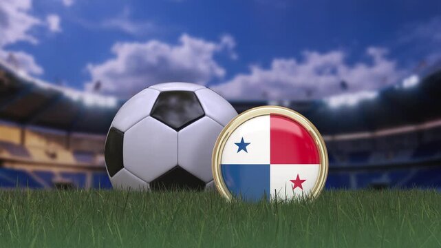 A football "soccer" ball rotating behind a badge displaying the Panamanian flag on the grass of a playing field.  4K loopable video.
