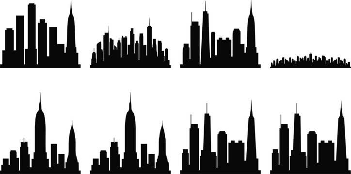 Modern city skyline silhouettes set with generic urban skyscraper architecture vector icon design