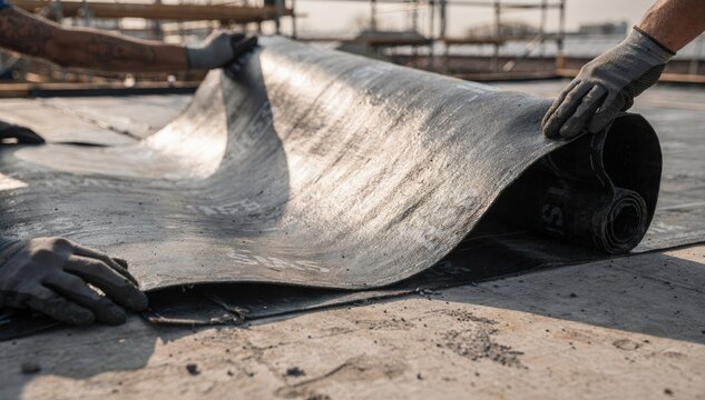 Footage of SBSmodified bitumen being unrolled and installed on a construction site emphasizing flexibility and elasticity in building waterproof membranes.