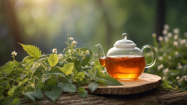 Cup of hot linden tea and white teapot on a rustic wooden table in blooming spring garden. herbal linden tea surrounded by linden flowers