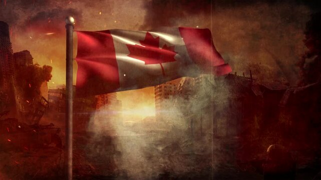 Canada Flag with Cinematic Apocalypse Scene and Burning City