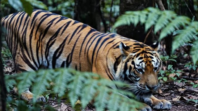 Majestic Sumatran Tiger Crouching Low Behind Lush Ferns While Watching Its Surroundings in Dense Jungle Habitat