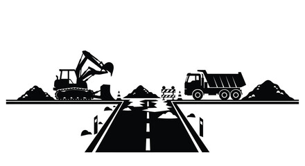 Road construction scene with excavator and dump truck silhouette © turag