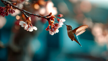 Obraz premium Hummingbird Sips Nectar from Cherry Blossoms