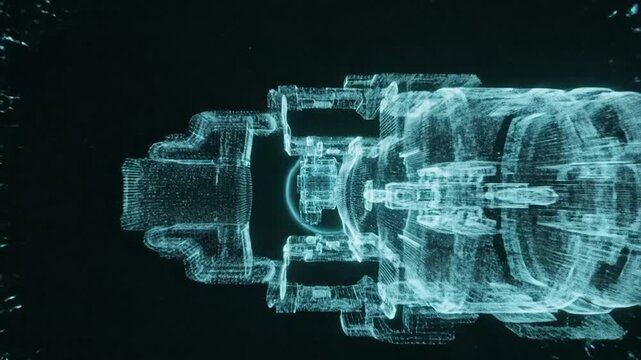 Futuristic digital machine engine assembly represented as a glowing cyan holographic projection in deep space