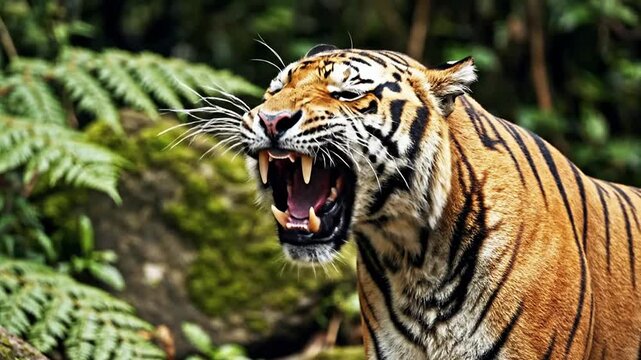 Majestic Sumatran Tiger Roaring Powerfully In A Lush Green Forest Displaying Nature's Wild Beauty