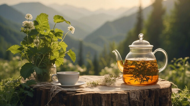 Cup of hot linden tea and white teapot on a rustic wooden table in blooming spring garden. herbal linden tea surrounded by linden flowers