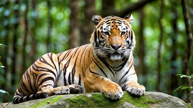 Majestic Sumatran Tiger Sitting Upright On A Mossy Rock Ledge In Lush Green Forest Environment