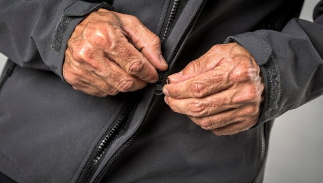 Close medium shot of expert hands fitting a double zipper on a durable softshell jacket showcasing functional layering and reinforced fabric edges.