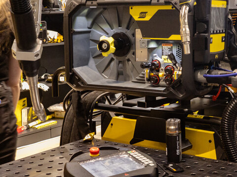 Ukraine, Kyiv - May 27, 2026:Modern Industrial MIG Welder Wire Feeder Mechanism and Control Panel