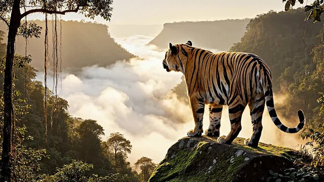 Majestic Sumatran Tiger Surveying Misty Valley at Sunrise Surrounded by Lush Forest and Dramatic Cliffs