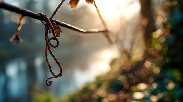 Twisted vine with dew drops in morning light