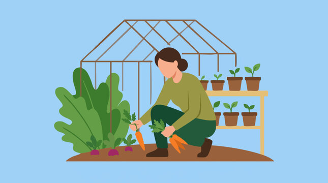 Woman harvesting fresh carrots and beets in a greenhouse garden, illustration