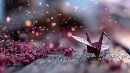 Naklejka premium Whispers of Hope: Origami Crane Amidst Blooming Dreams