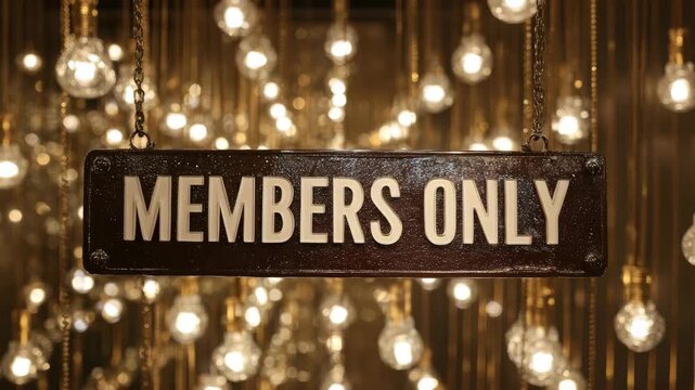hanging members only sign on decorated background with lights animation