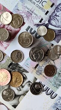 Czech paper money, koruna or crown, in various denominations for financial exchange and settlements. Czech koruna as a financial background for your design