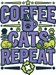 Fototapeta premium Fun coffee and cat themed graphic with purple and green colors