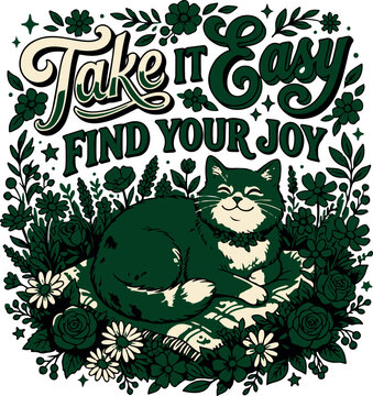 Green cat illustration with take it easy, find your joy text in floral setting