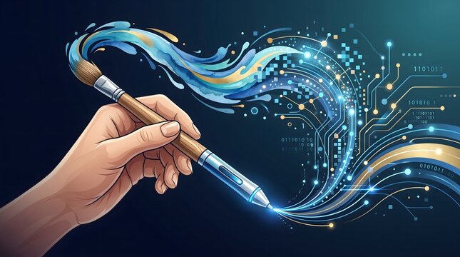 Human hand holding paintbrush creating digital information flow artwork.