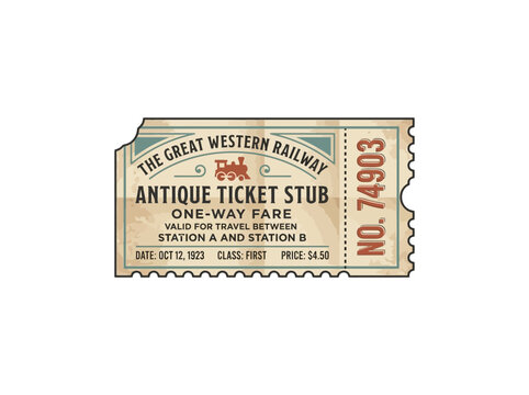 Antique Great Western Railway Ticket Stub Featuring A Steam Train Graphic, First Class Fare Details, Date, Station Information And Perforated Serial Number, Perfect For Vector Illustration