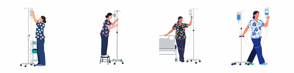 Flat vector illustration of female nurses in colorful floral scrubs managing IV drip stands and infusion therapy in a hospital setting. © Sugik