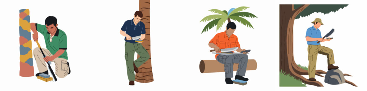 Set of vector illustrations showing men sharpening machetes and blades with whetstones in various outdoor and tropical forest settings.