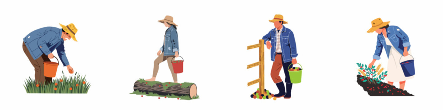 Set of Flat Vector Illustrations Featuring Farmers and Gardeners Harvesting Various Fruits and Vegetables into Buckets on a White Background