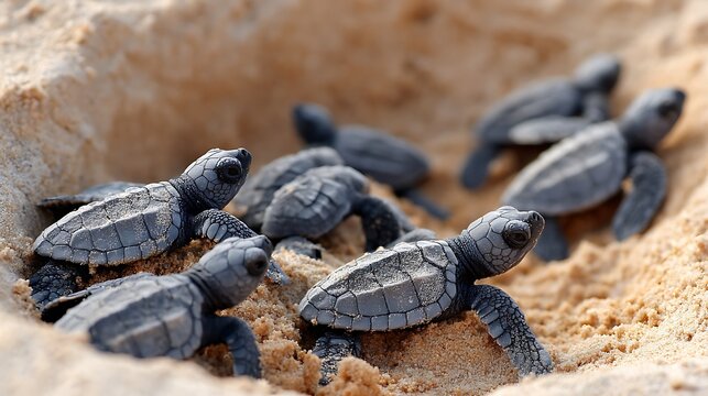 Group of newborn sea turtle hatchlings emerging from a sandy nest on the beach.