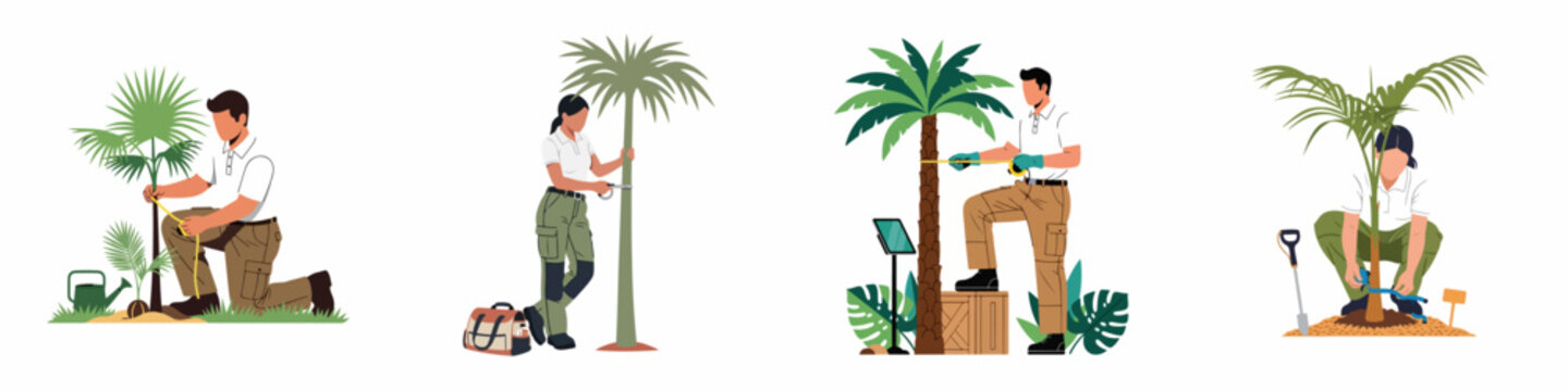 Vector illustration set of professional gardeners and arborists measuring, pruning, and caring for palm trees in various stages of growth.