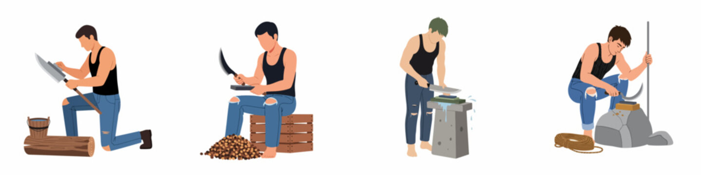 Set of illustrations depicting men sharpening various traditional blades like machetes and sickles on whetstones using manual techniques.