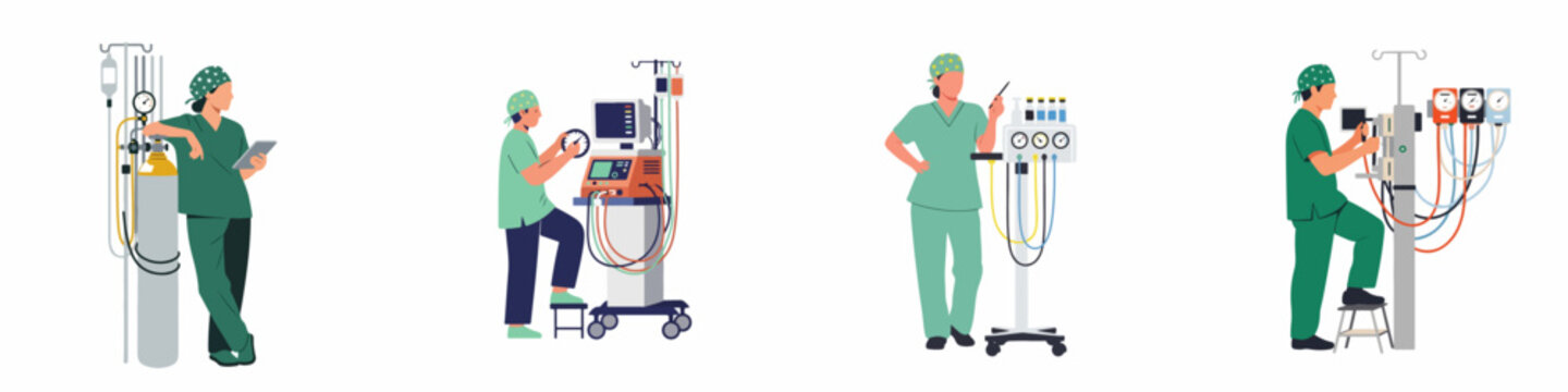 Medical professionals in scrubs operating anesthesia machines and oxygen tanks in a set of flat vector illustrations on a white background.