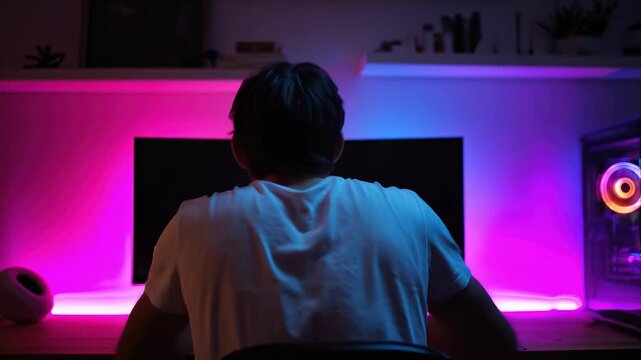 Man playing video game on computer in colorful, neon lit room. Home entertainment and digital technology concept for hobby and lifestyle. Gamer enjoy videogame. Rear back view.