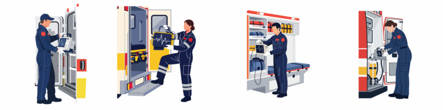 Set of illustrations showing paramedics in uniforms handling medical equipment and preparing ambulance for emergency services.